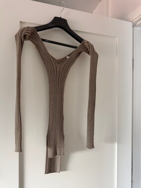 Phoebe philo Celine Off-the-Shoulder Ribbed ballerina Knit Sweater in Taupe